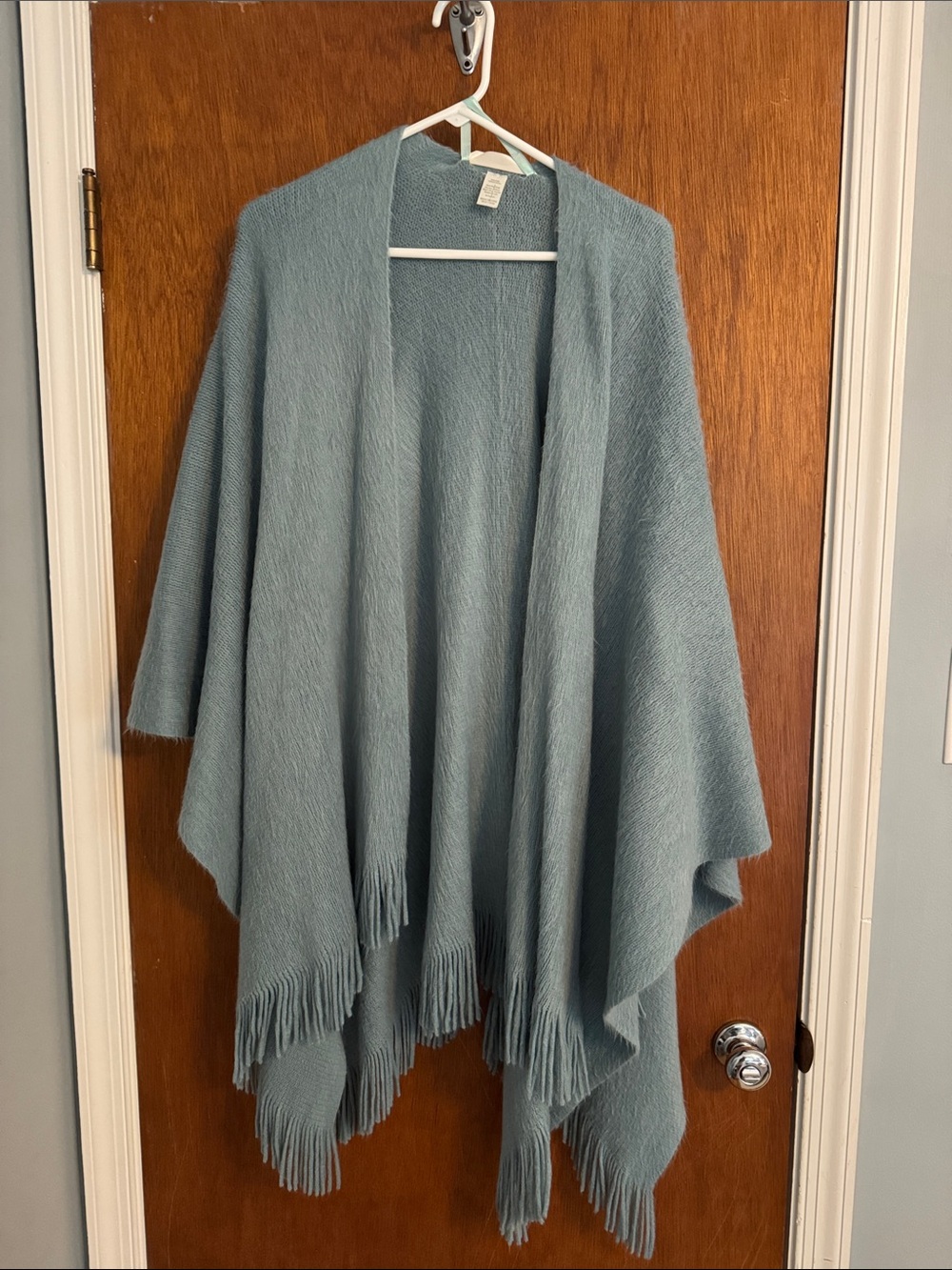 Cozy Fringed Wrap Shaw in Dusty Blue